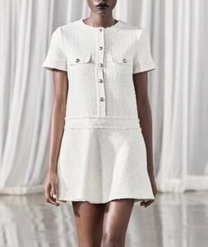Zara Textured Tweed Short Sleeve Button Front Mini Dress - Size L - Pre-Owned